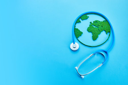 World Health Day. Global Health Awareness Concept. Globe and Stethoscope on blue background.の写真素材