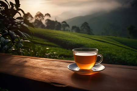 Tea cup with on the wooden table and the tea plantations background. Generative AIの素材