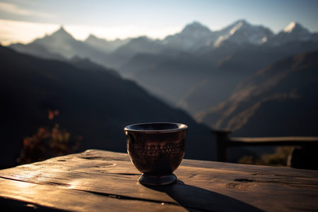 A cup of tea sitting on a table with a view of theMountain in the background. Generative AIの素材