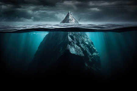 White iceberg on deep blue ocean. Environment concept. Generative AIの素材