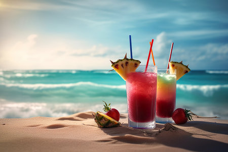 Exotic summer drink, blur beach on background. Generative Aiの素材