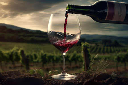 Pouring red wine into glasses in the vineyard. Generative Aiの素材