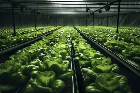 Green fresh organic Romaine lettuce growing in vegetable plots inside greenhouse farm. Generative Aiの素材