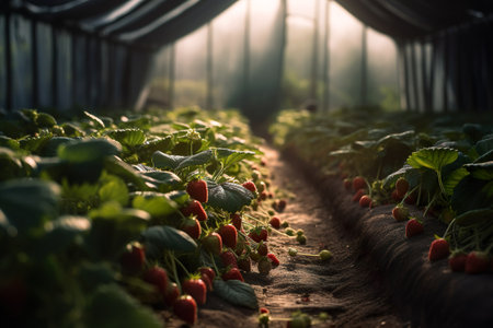 Industrial growth of strawberries in a greenhouse. Generative Aiの素材