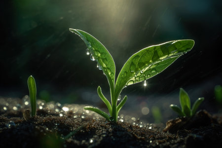 Young plant with drop of rain water in sunlight. Generative Aiの素材
