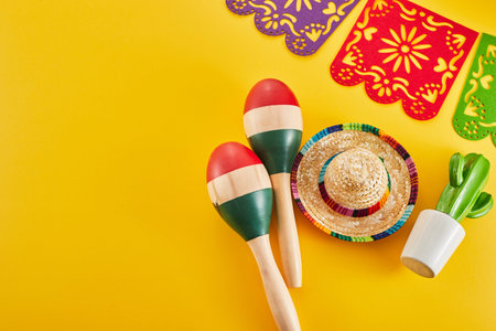 Cinco de Mayo holiday background. Maracas, cactus and hat on yellow background.