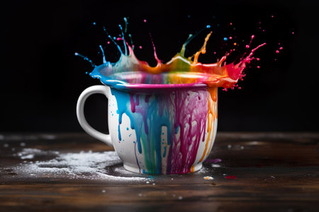 white cup with colorful splash on dark background. Generative Ai.の素材