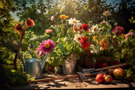 Gardening tools and spring flowers on the terrace in the garden. Generative Ai.の素材