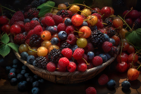 Berries overhead closeup colorful assorted mix. Generative Ai.の素材