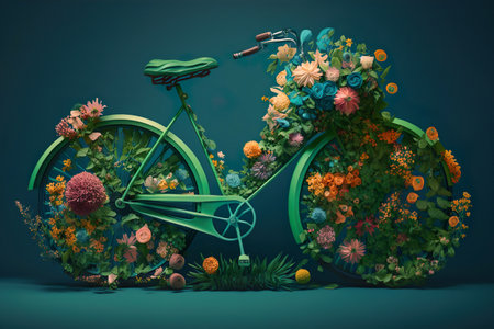 Retro bicycle with flowers against green background. Florist or spring bloom banner. Generative Ai.の素材
