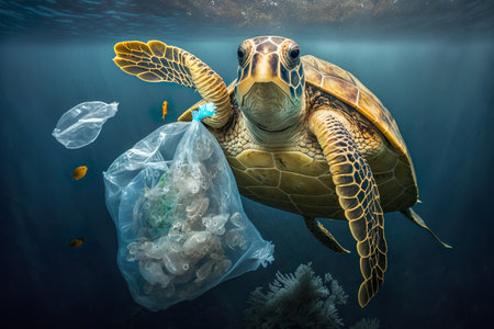 Plastic pollution in ocean environmental problem. Turtles with plastic bag. Generative Aiの素材