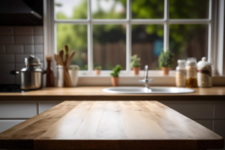 Wood table top without any objects against a blurry kitchen. Generative Ai.の素材