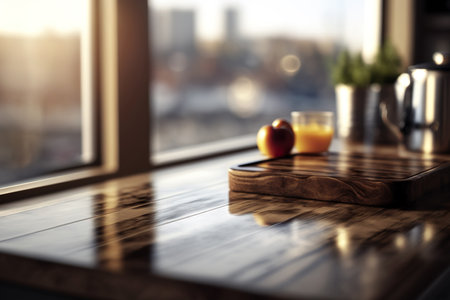 Wood table top without any objects against a blurry kitchen. Generative Ai.の素材