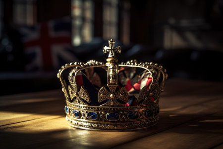 British flag and king crown ob dark background. Generative Ai.の素材