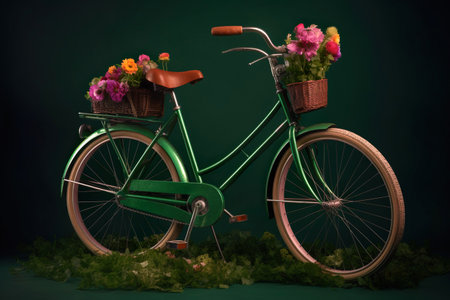 Bicycle With Beautiful Flower Basket on vintage background. Generative Ai.の素材