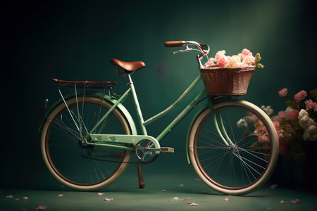 Bicycle With Beautiful Flower Basket on vintage background. Generative Ai.の素材