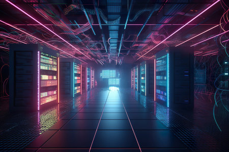 Illuminated corridor interior design. Abstract interior sci fi corridors. Generative Ai.の素材