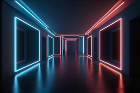 Illuminated corridor interior design. Abstract interior sci fi corridors. Generative Ai.の素材