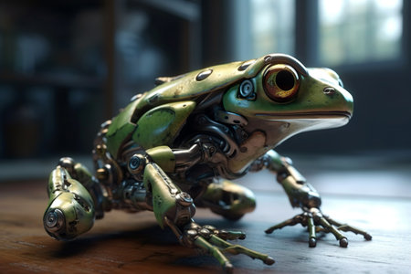 Futuristic machinery Frog in a dark background. Generative Ai.の素材