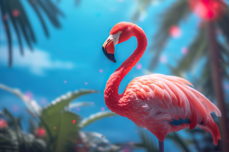 Pink flamingo and palm tree on blue summer background. Generative Ai.の素材