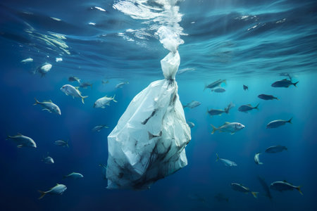 Fish and plastic pollution in sea. Generative Ai.の素材