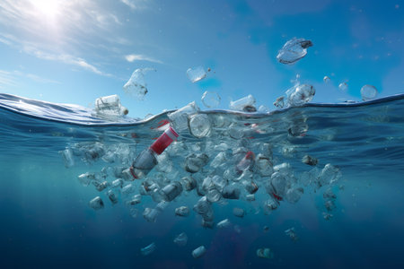 Fish and plastic pollution in sea. Generative Ai.の素材