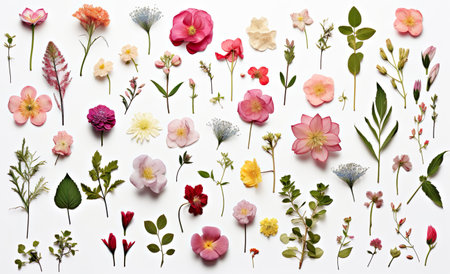 flowers collection. Flowering plants, blooming flowers on white background. Generative Aiの素材
