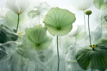 Water with green leaves. Trendy white background for cosmetic product presentation. Generative Aiの素材