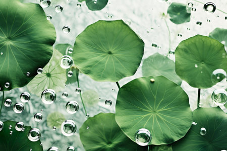 Water with green leaves. Trendy white background for cosmetic product presentation. Generative Aiの素材