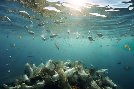 Fish and plastic pollution in sea. Generative Ai.の素材