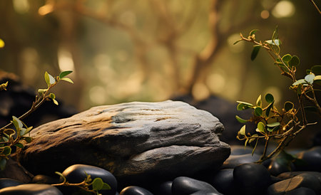 Natural stone and concrete podium in Natural background, show for packaging product presentation. Generative Ai.の素材