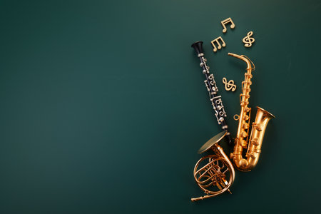 Music lesson school education concept. Wind instruments on green chalkboard.の写真素材