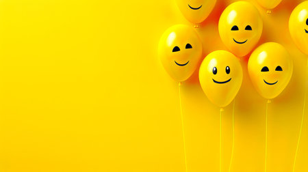 Yellow Balloons with Happy Face on yellow background. International day of happiness and World Smile day concept.の素材