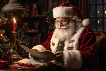 Santa Claus sitting at his chair and reading a letter with fireplace in the backgroundの素材