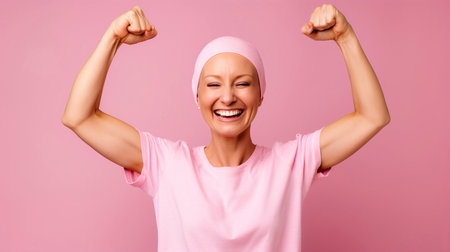 woman fighting breast cancer, clenches her arms as a survivor fighterの素材
