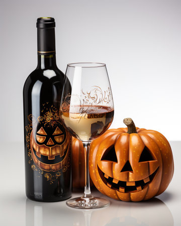 Halloween pumpkin with glasses of wineの素材
