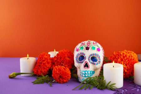 Day of the dead. Dia De Los Muertos celebration background. Sugar Skull, marigolds or cempasuchil...