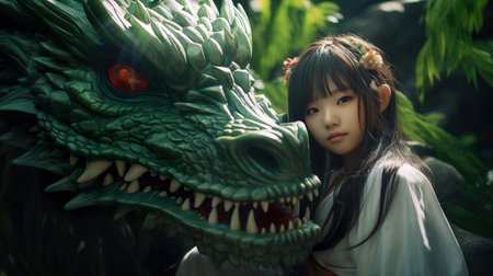 Japanese girl with the green dragonの素材