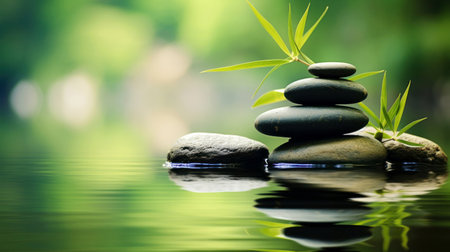 Zen garden with massage basalt stones and bamboo. Spa backgroundの素材