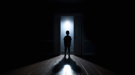 Young boy silhouette in dark room in front of the door from which the light emanates. The concept of social distanceの素材