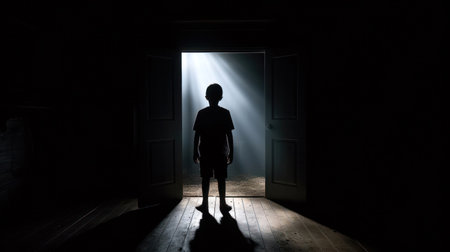 Young boy silhouette in dark room in front of the door from which the light emanates. The concept of social distanceの素材