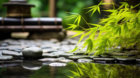 Zen garden with massage basalt stones and bamboo. Spa backgroundの素材