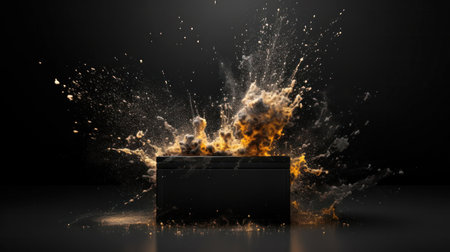 Floor in dark room with Explosion of black powder from black gift box. Background for for sales on Black Fridayの素材