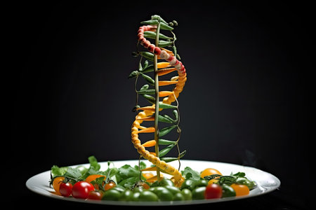 GMO food and Genetically modified crops concept. Fruit and vegetables as a DNA strandの素材