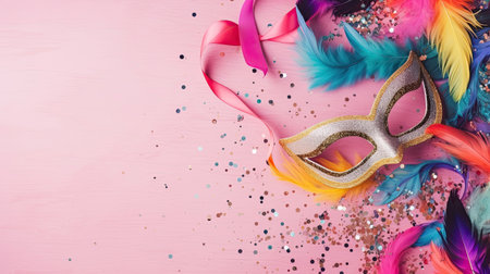 Carnival border on marble background. Mardi gras masks, feathers and beadsの素材