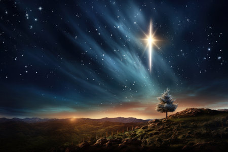 The star shines over the manger of Christmas of Jesus Christ.の素材