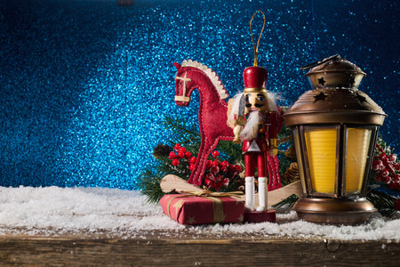 Christmas Lantern On Snow With Fir Branch. Winter Decoration Backgroundの写真素材