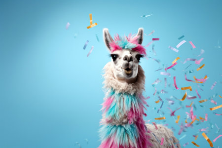 Llama shaped pinata, streamers and glitter on light blue background.の素材