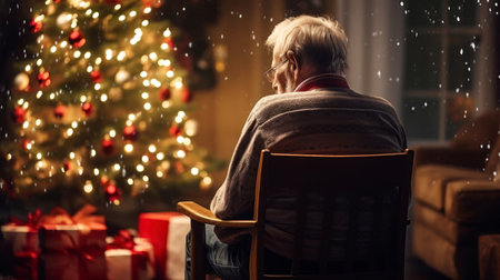 Lonely senior man sitting at home over christmas tree lights background.の素材