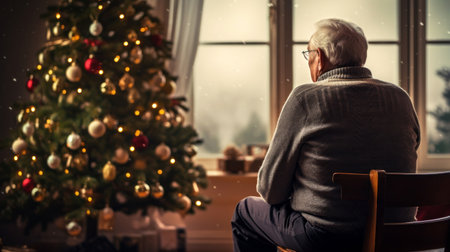 Lonely senior man sitting at home over christmas tree lights background.の素材